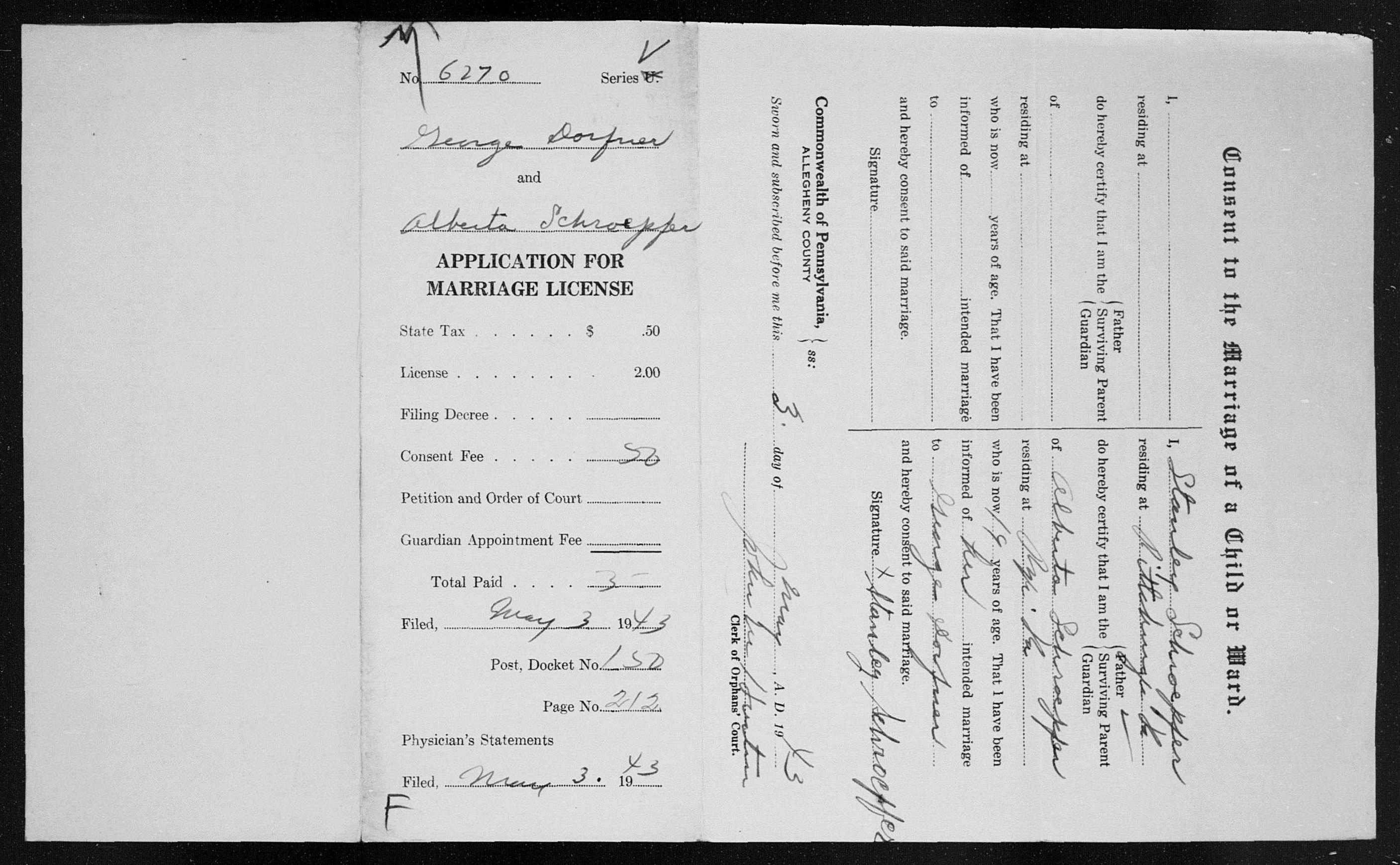 george and alberta dorfner schroepfer marriage license