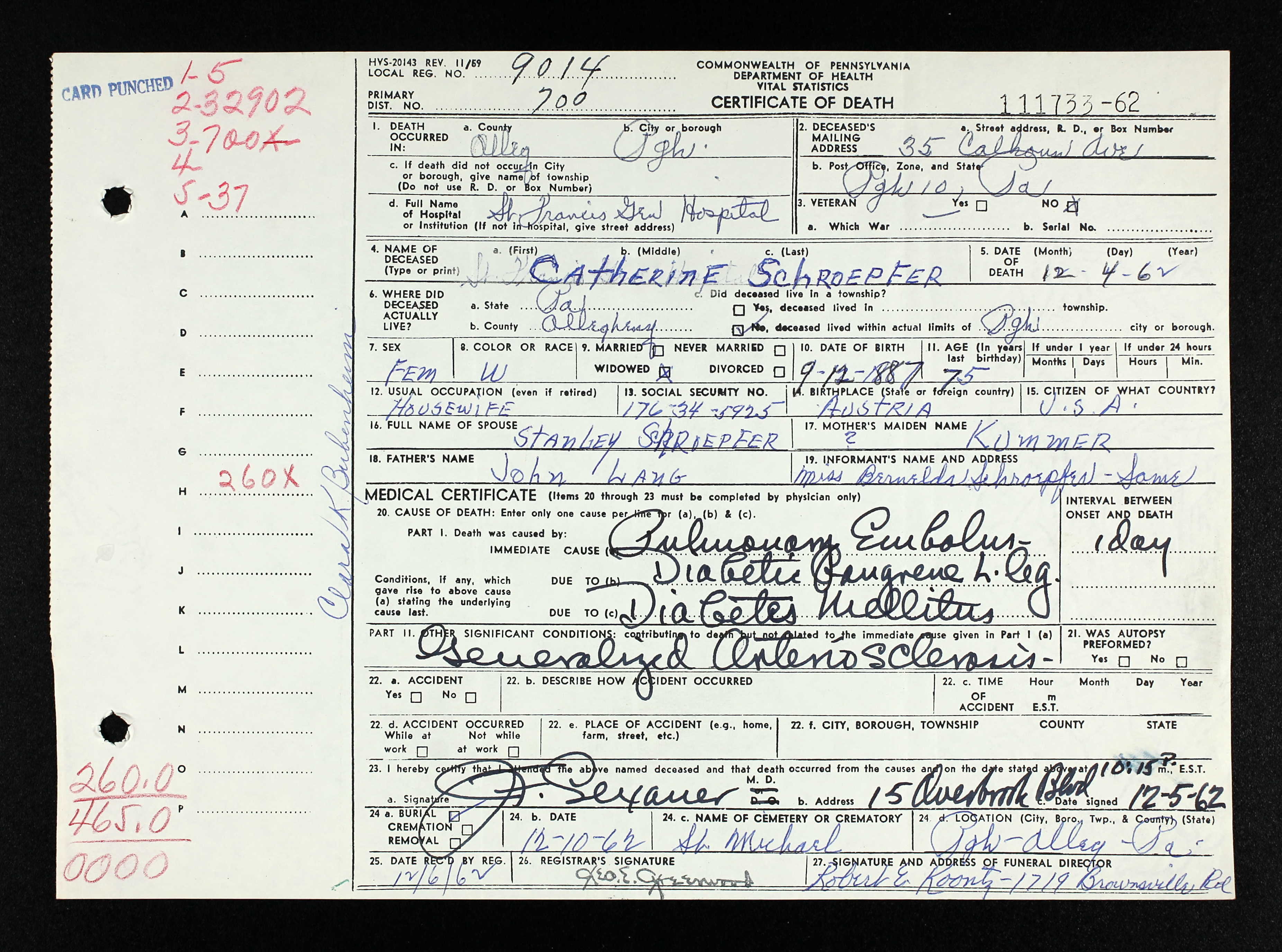 catherine schroepfer death certificate