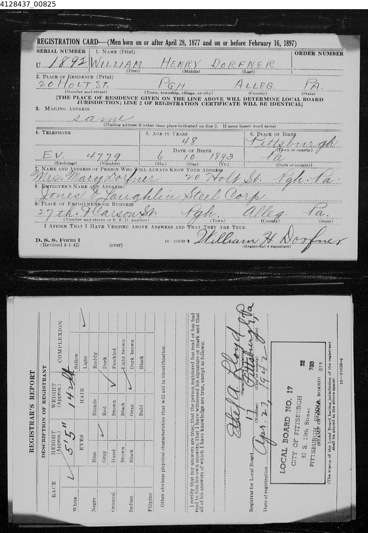 william dorfner wwII registration military