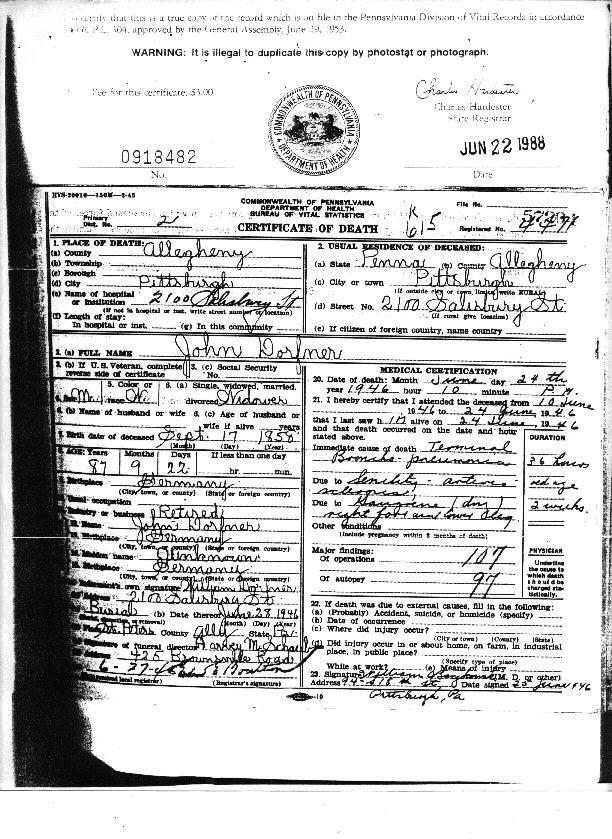 john dorfner death certificate