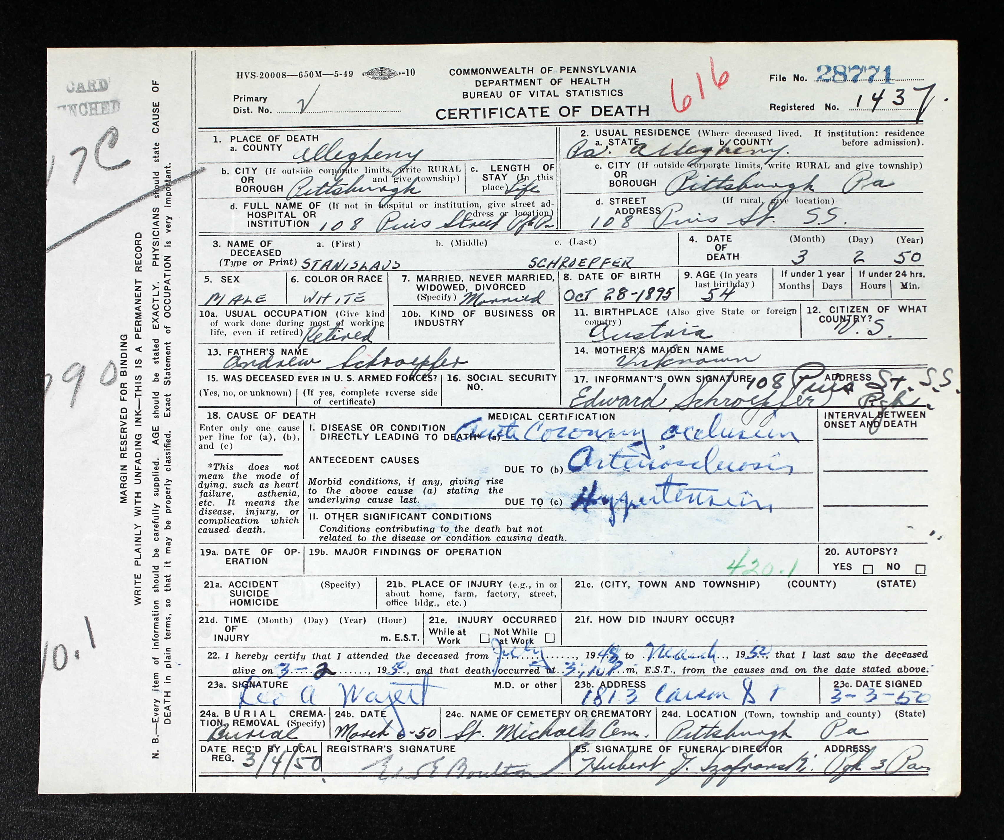 stanislaus schroepfer death certificate